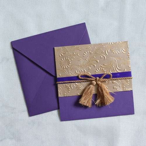 Purple Wedding Invitation Card with Tassel Square Embossing Invitation Customized 